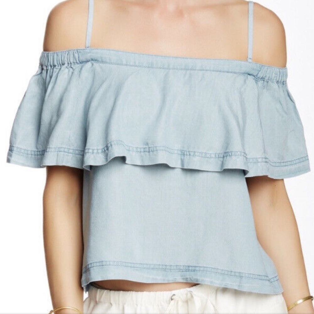 Free People Off the‎ Shoulder Denim Chambray Spaghetti Strap Size Large Boho